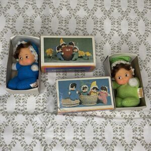2 Vintage LITTLE MISS MATCHPACK Green + Blue Doll & Matchbox Hong Kong Fun World